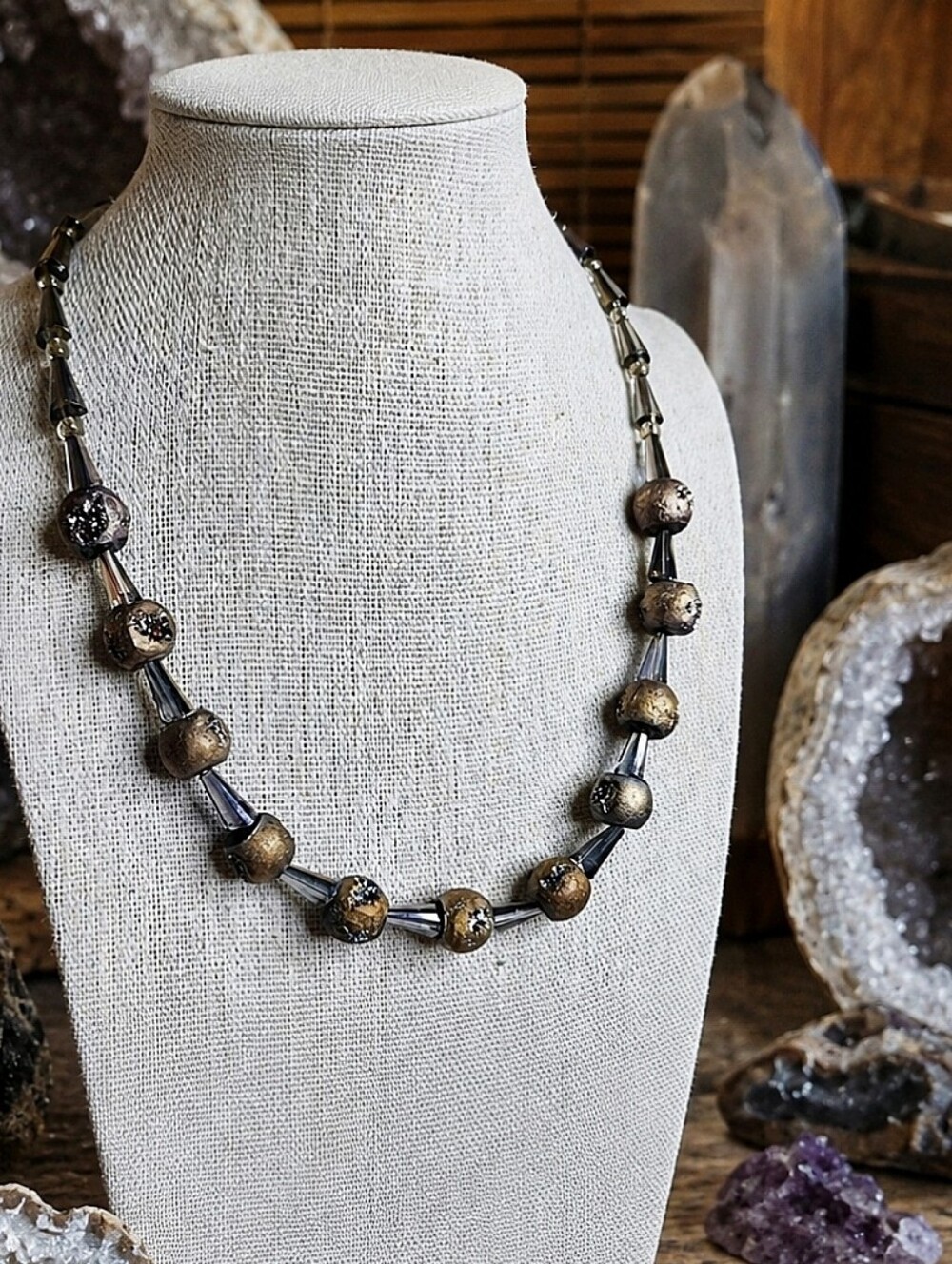 Faceted Glass Charcoal Crystal Cone Beads Matte Brass Druzy Necklace Artisan